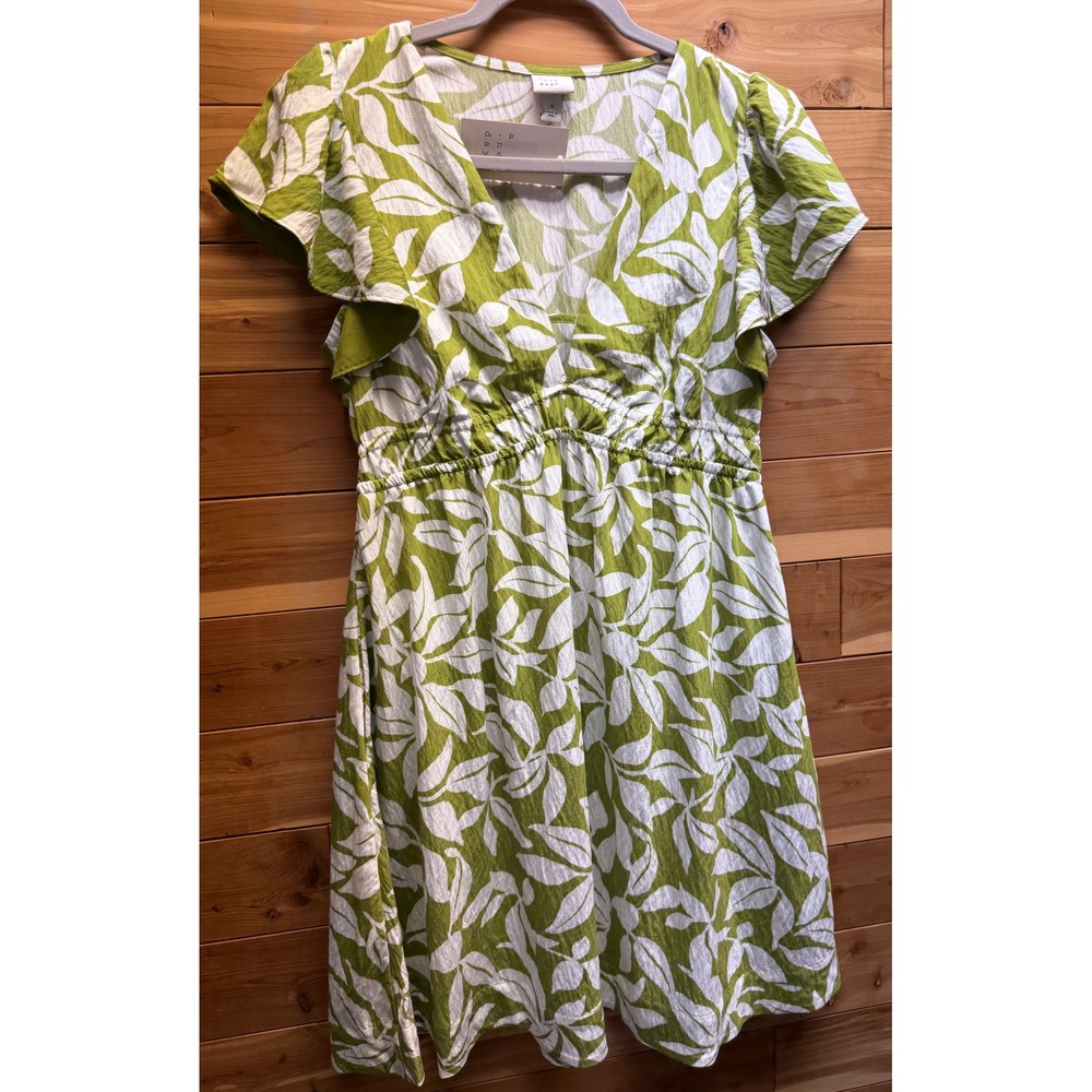 A NEW DAY Small NWT Green Leaf Print Flutter Sleeve Empire Waist Mini Dress